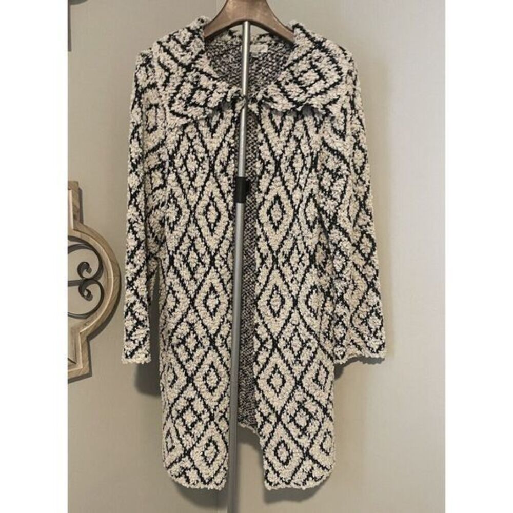 Solitaire By Ravieholsa Aztec‎ Open Cardigan Long Sweater Black Cream Women Sz L